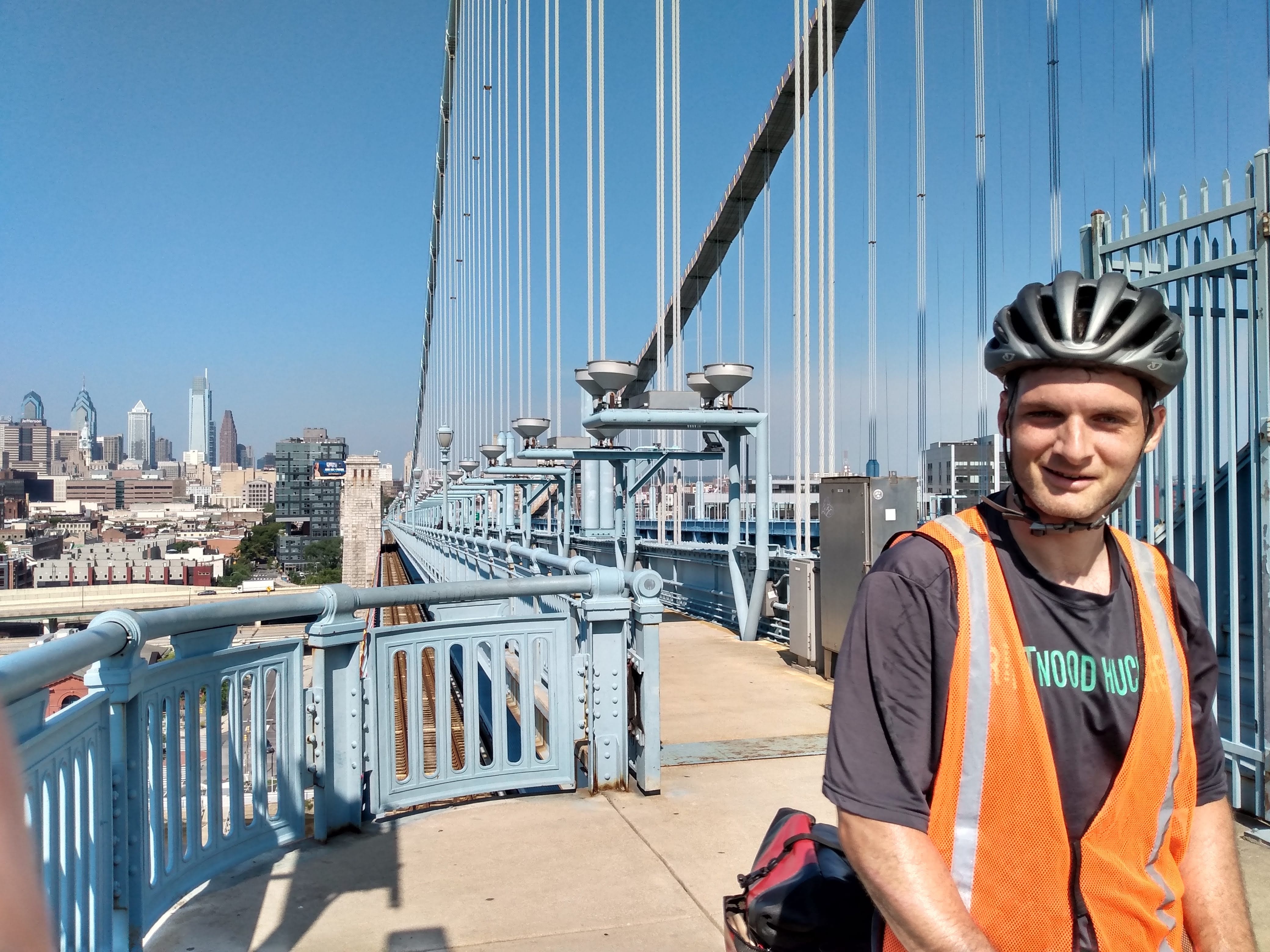 Looking back towards Philadelphia from the top of the Benjamin Franklin Bridge