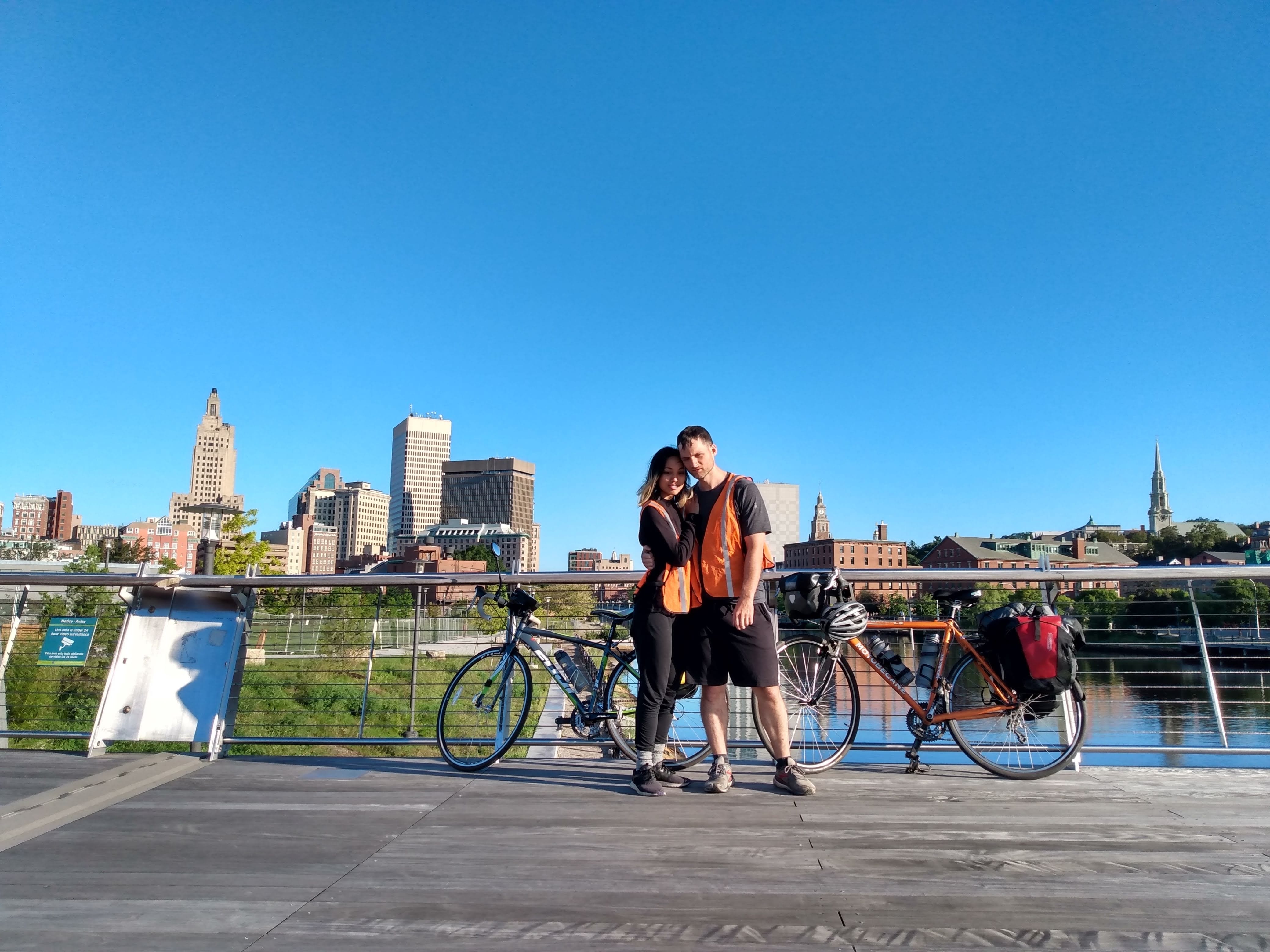 Stopping for a quick photo on the Providence River Pedestrian Bridge