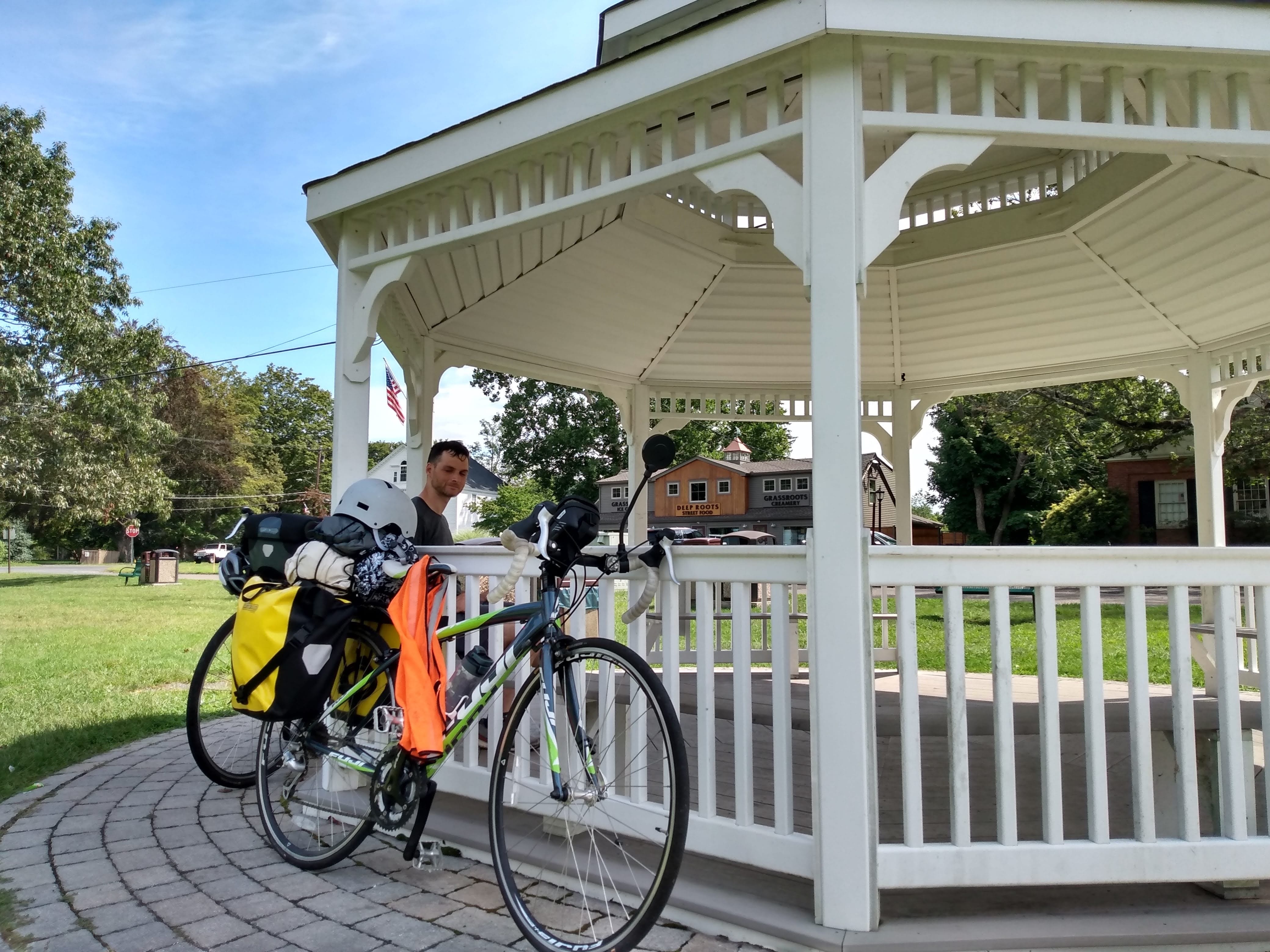 Relaxing under a pavilion on the Granby Green